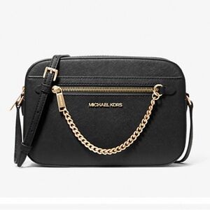 Michael Kors Jet Set Large Saffiano Leather Crossbody | Black/Gold | New